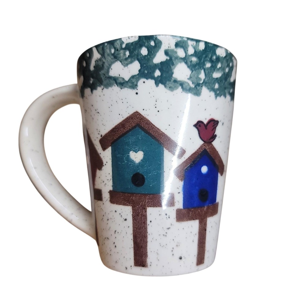 Stoneware Birdhouse Coffee Mug Speckled Ceramic Teal Rim Farmhouse Rustic Cup